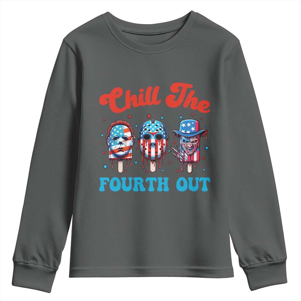 Funny Chill The Fourth Out Youth Sweatshirt 4th of July Horror Movie Popsicle Mask USA Flag TS11 Dark Heather Print Your Wear