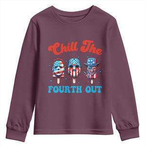 Funny Chill The Fourth Out Youth Sweatshirt 4th of July Horror Movie Popsicle Mask USA Flag TS11 Maroon Print Your Wear