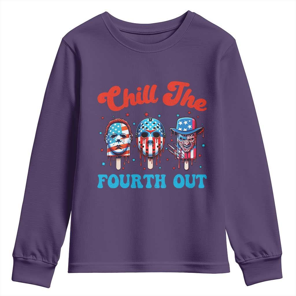 Funny Chill The Fourth Out Youth Sweatshirt 4th of July Horror Movie Popsicle Mask USA Flag TS11 Purple Print Your Wear