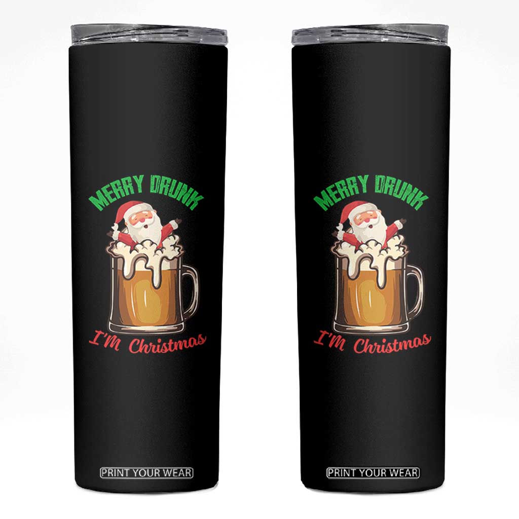 Funny Christmas Beer Skinny Tumbler Merry Drunk I'm Xmas Wasted Santa TS11 Black Print Your Wear