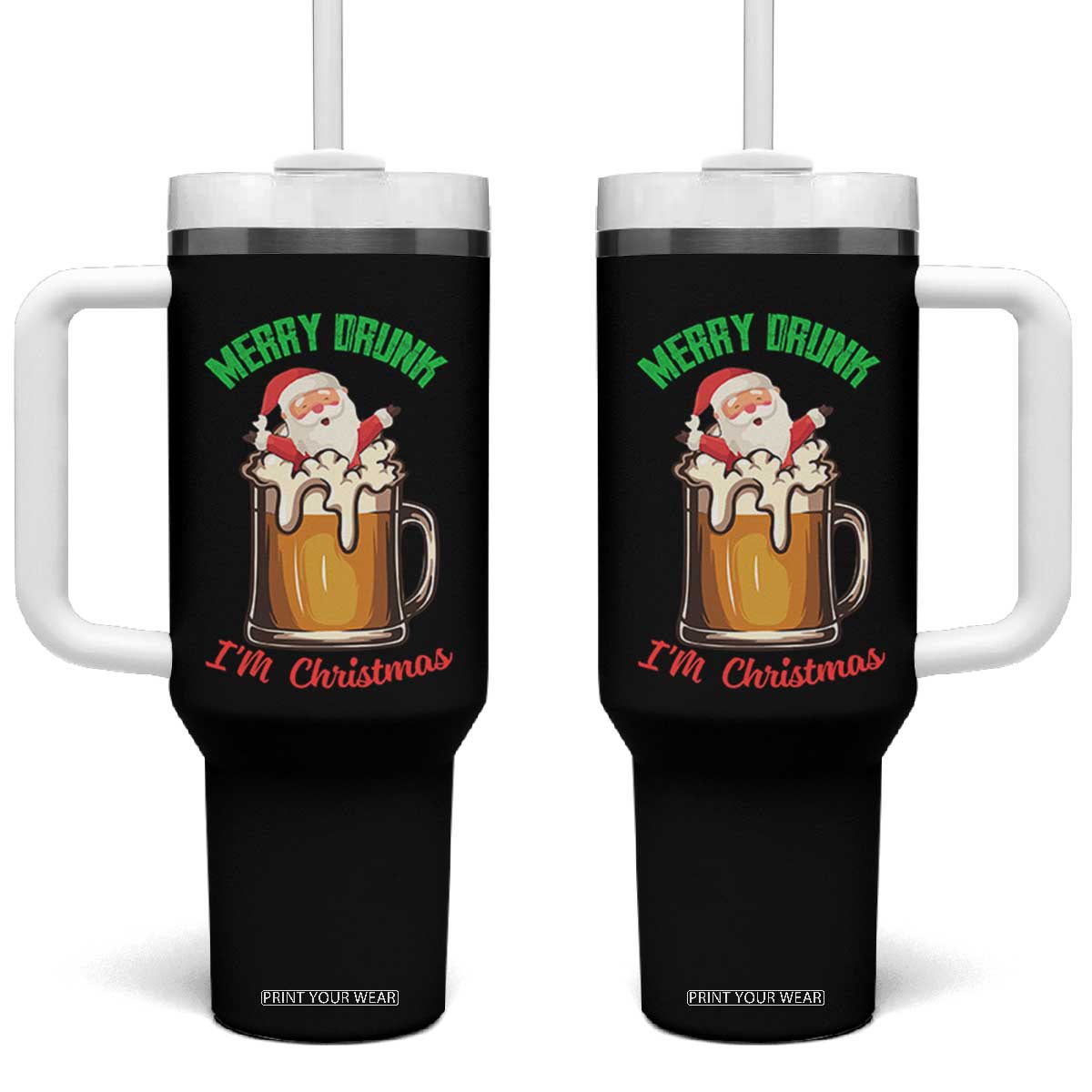 Funny Christmas Beer Tumbler With Handle Merry Drunk I'm Xmas Wasted Santa TS11 One Size: 40 oz Black Print Your Wear