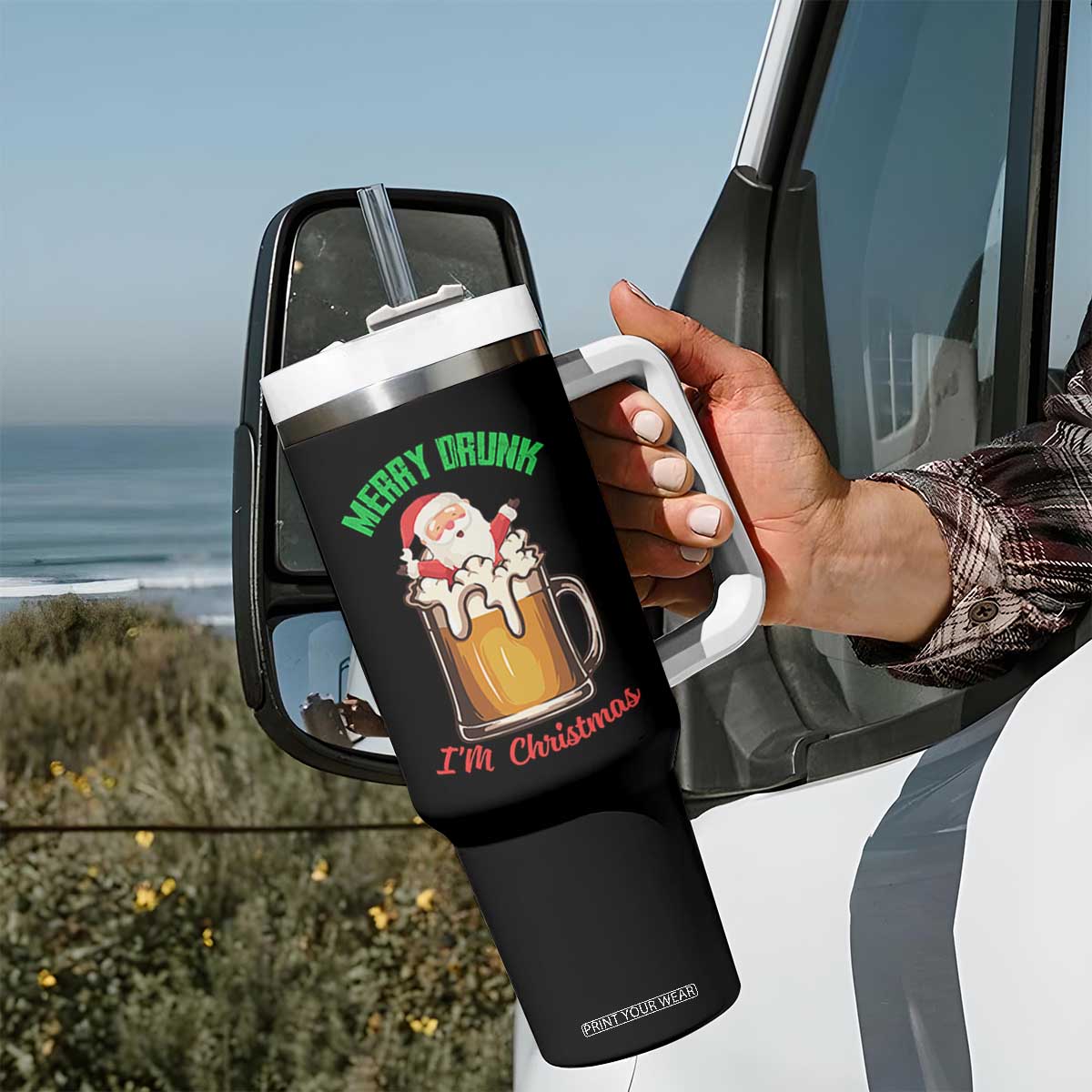 Funny Christmas Beer Tumbler With Handle Merry Drunk I'm Xmas Wasted Santa TS11 Print Your Wear