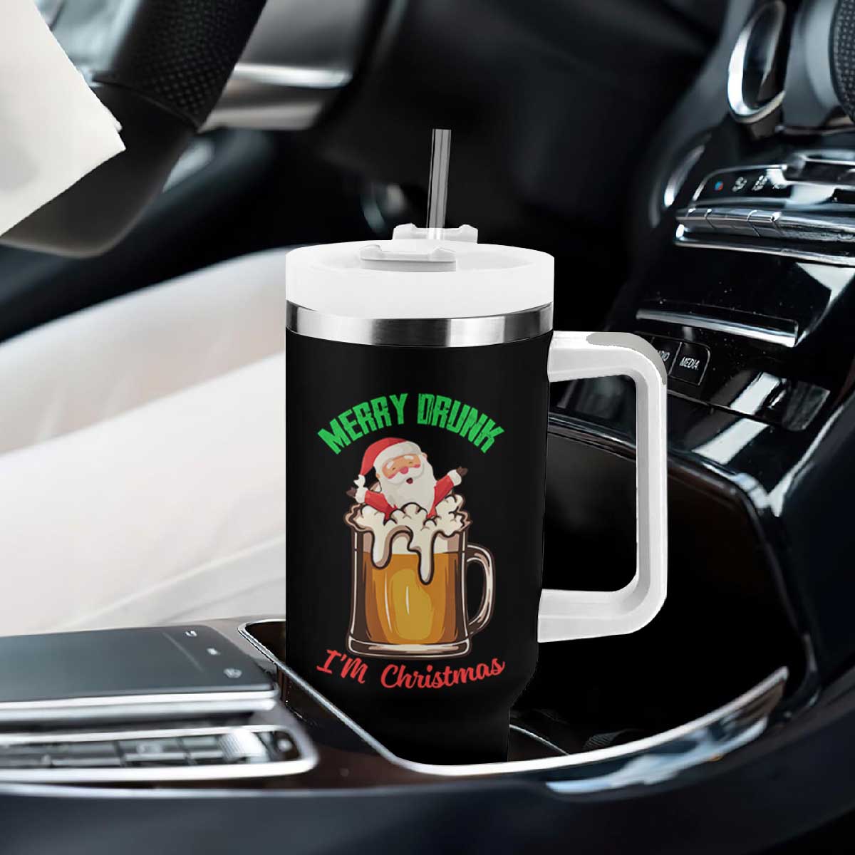 Funny Christmas Beer Tumbler With Handle Merry Drunk I'm Xmas Wasted Santa TS11 Print Your Wear