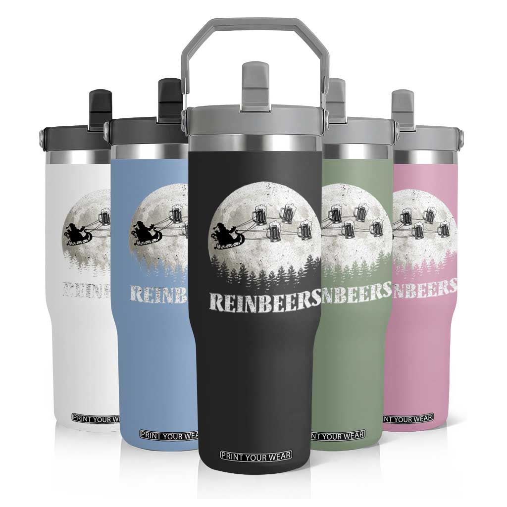 Funny Christmas Beers Flip Straw Tumbler Reinbeers Santa Sleigh Moon TS11 Print Your Wear
