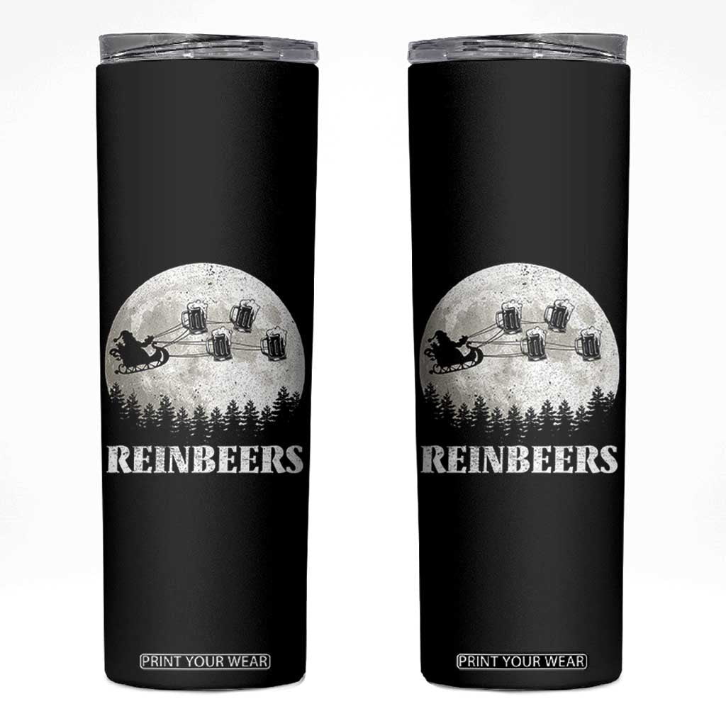 Funny Christmas Beers Skinny Tumbler Reinbeers Santa Sleigh Moon TS11 Black Print Your Wear