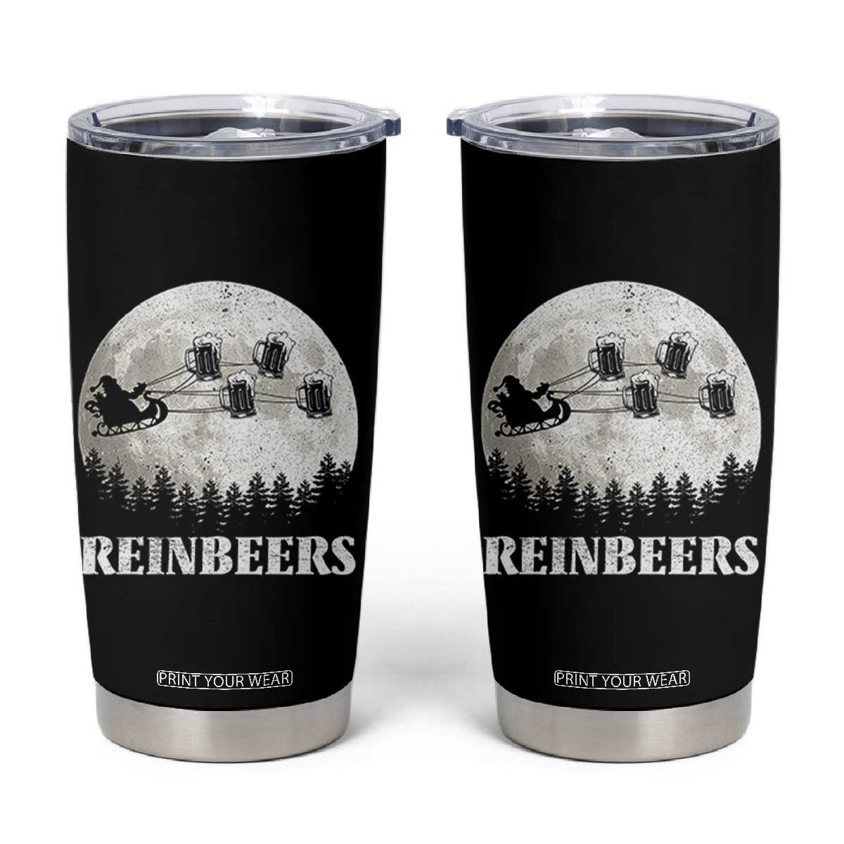 Funny Christmas Beers Tumbler Cup Reinbeers Santa Sleigh Moon TS11 Black Print Your Wear