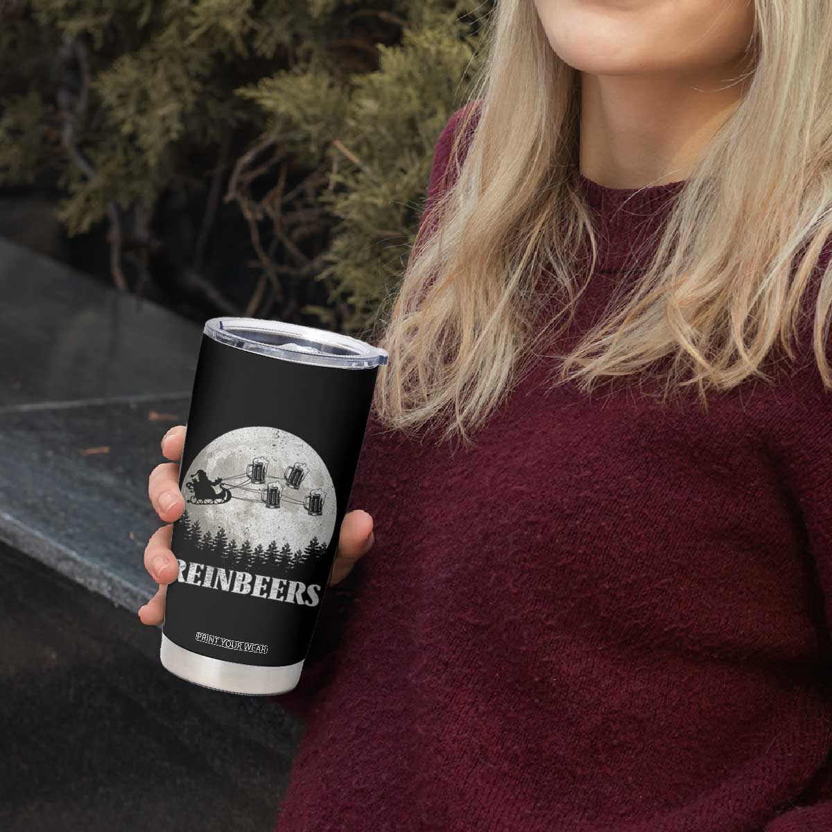 Funny Christmas Beers Tumbler Cup Reinbeers Santa Sleigh Moon TS11 Print Your Wear