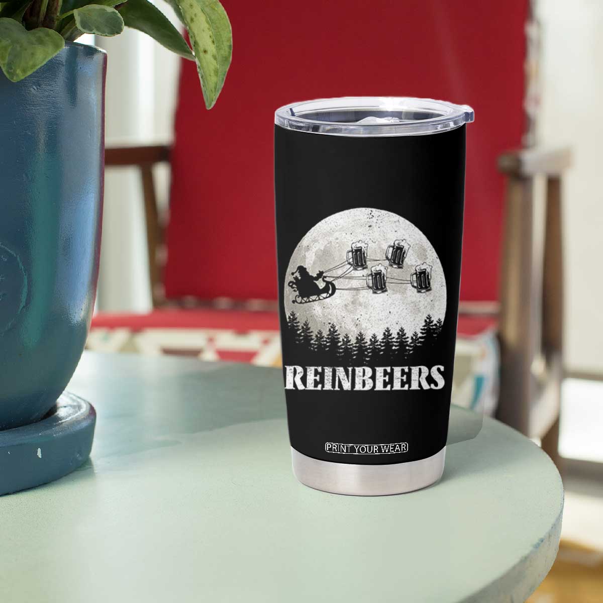 Funny Christmas Beers Tumbler Cup Reinbeers Santa Sleigh Moon TS11 Print Your Wear