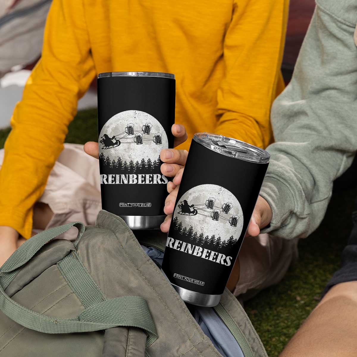 Funny Christmas Beers Tumbler Cup Reinbeers Santa Sleigh Moon TS11 Print Your Wear