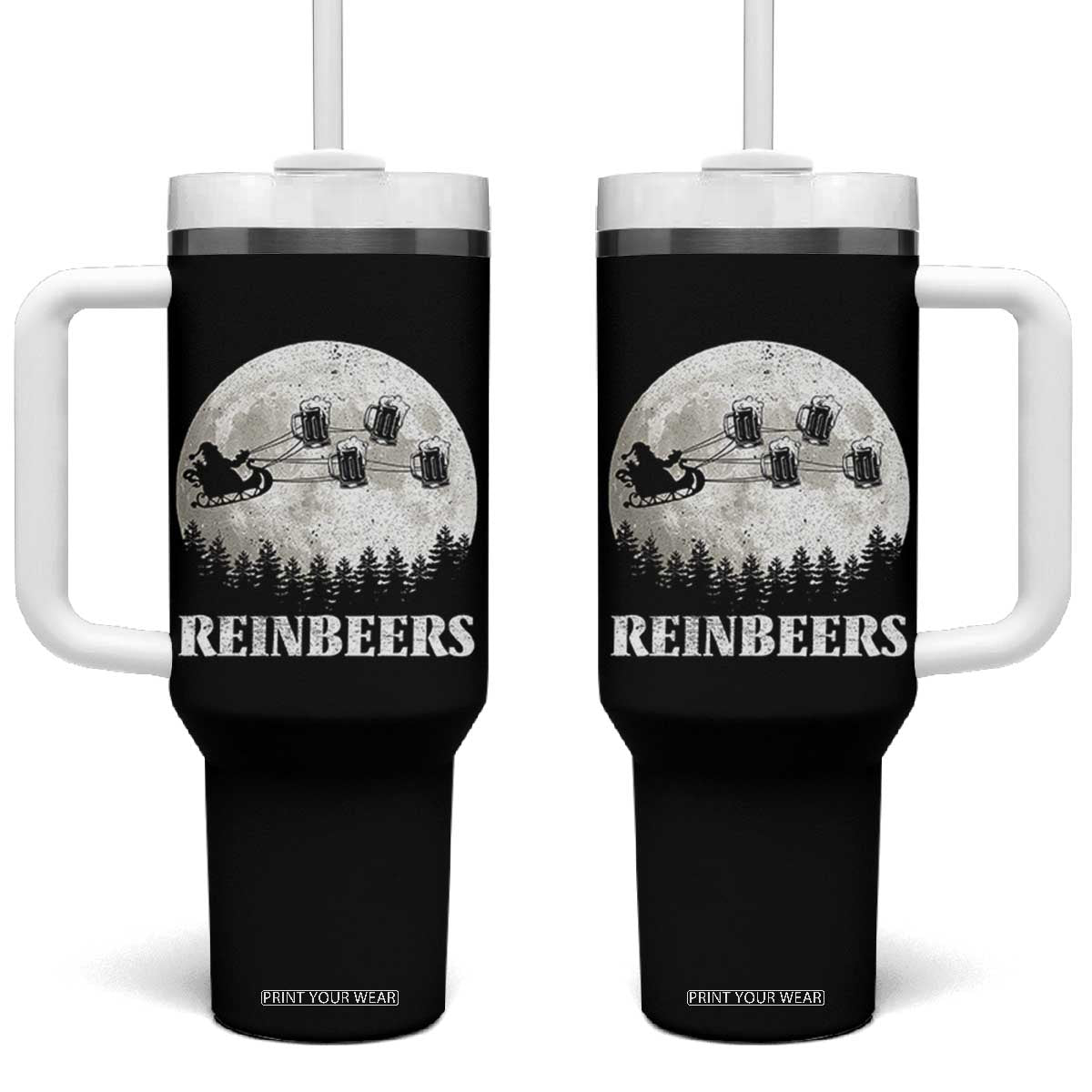 Funny Christmas Beers Tumbler With Handle Reinbeers Santa Sleigh Moon TS11 One Size: 40 oz Black Print Your Wear