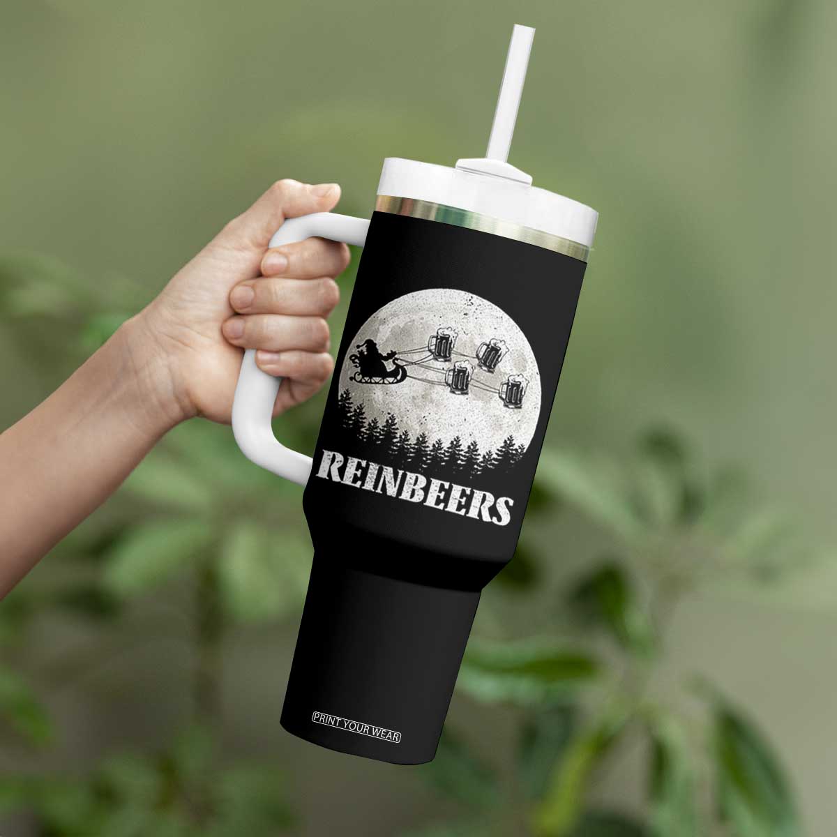 Funny Christmas Beers Tumbler With Handle Reinbeers Santa Sleigh Moon TS11 Print Your Wear