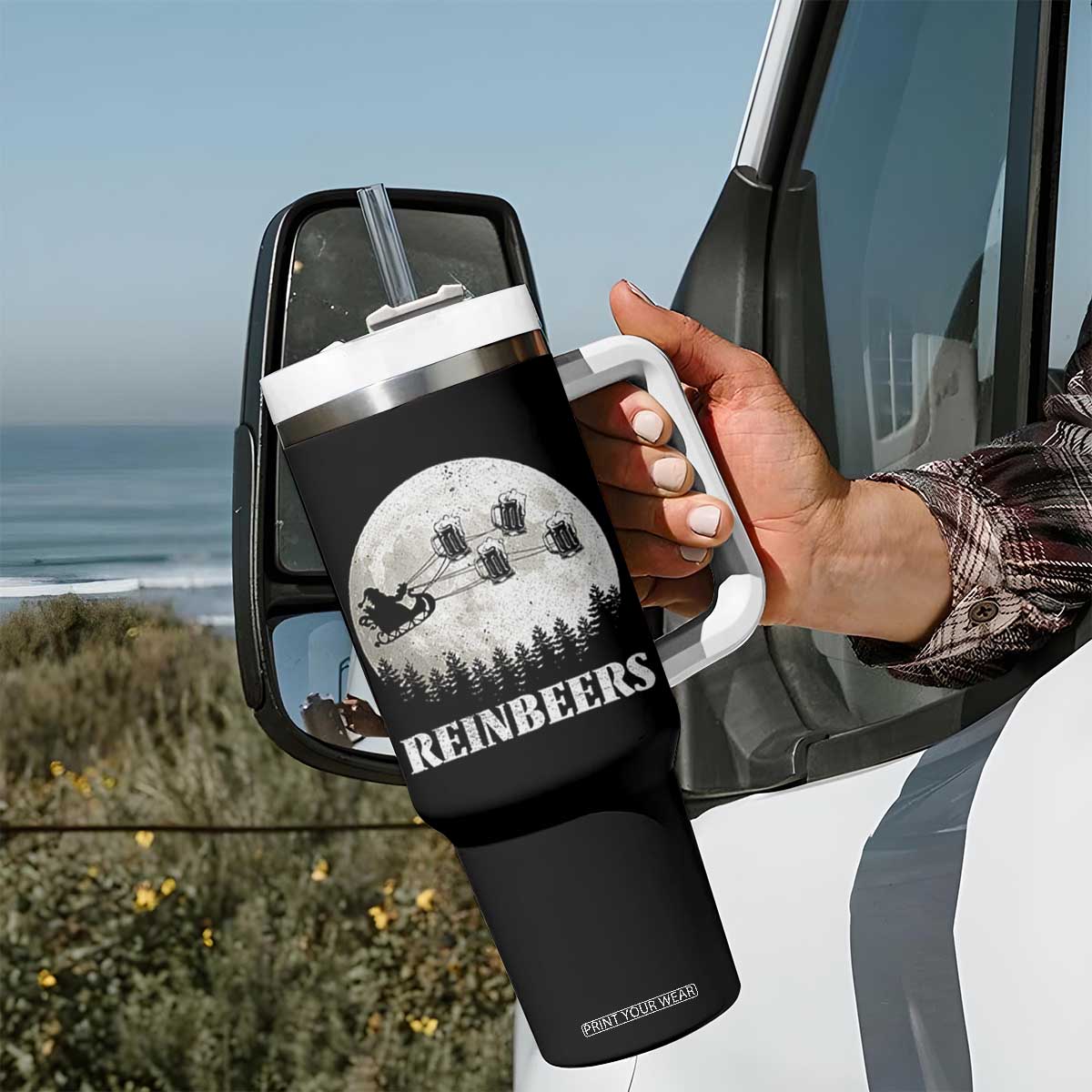 Funny Christmas Beers Tumbler With Handle Reinbeers Santa Sleigh Moon TS11 Print Your Wear