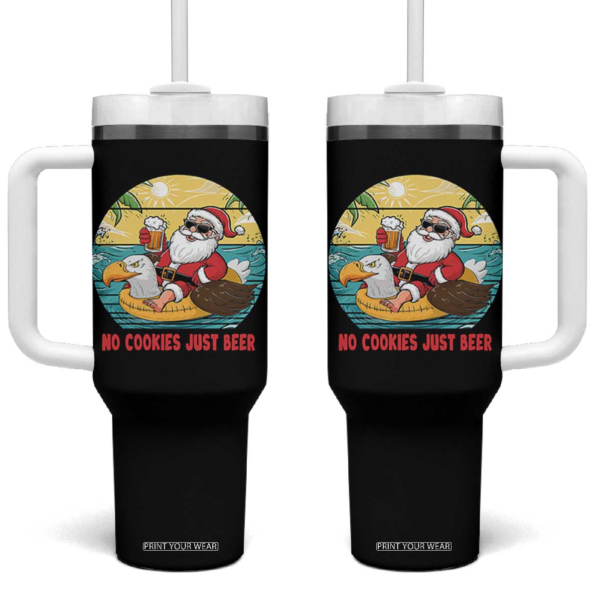 Funny Christmas In July Tumbler With Handle No Cookies Just Beer Santa Summer Season Eagle Float TS11 One Size: 40 oz Black Print Your Wear