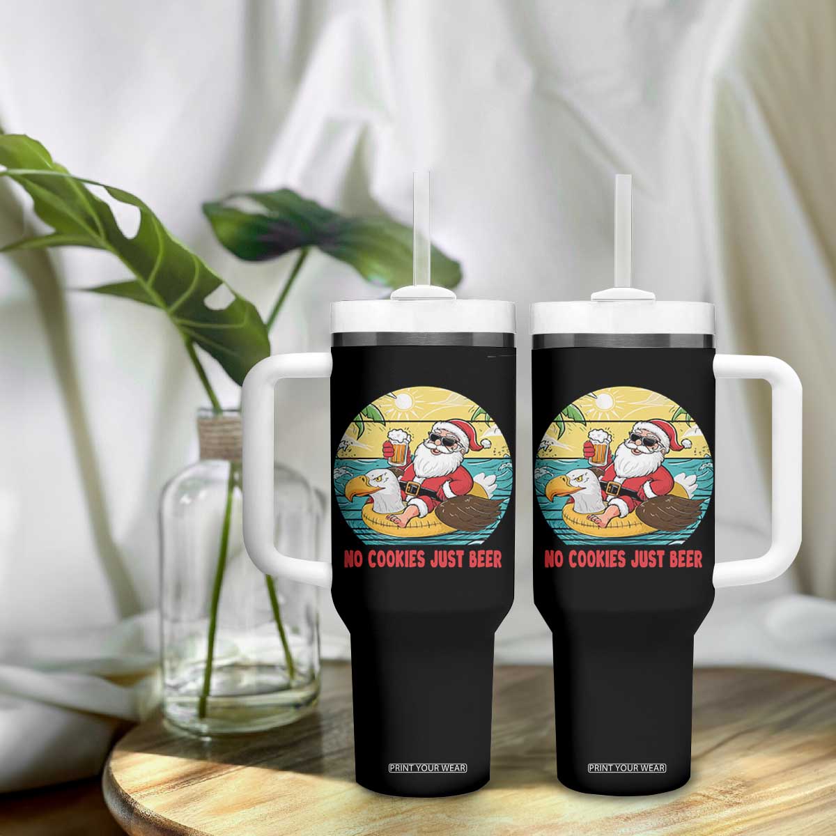 Funny Christmas In July Tumbler With Handle No Cookies Just Beer Santa Summer Season Eagle Float TS11 Print Your Wear