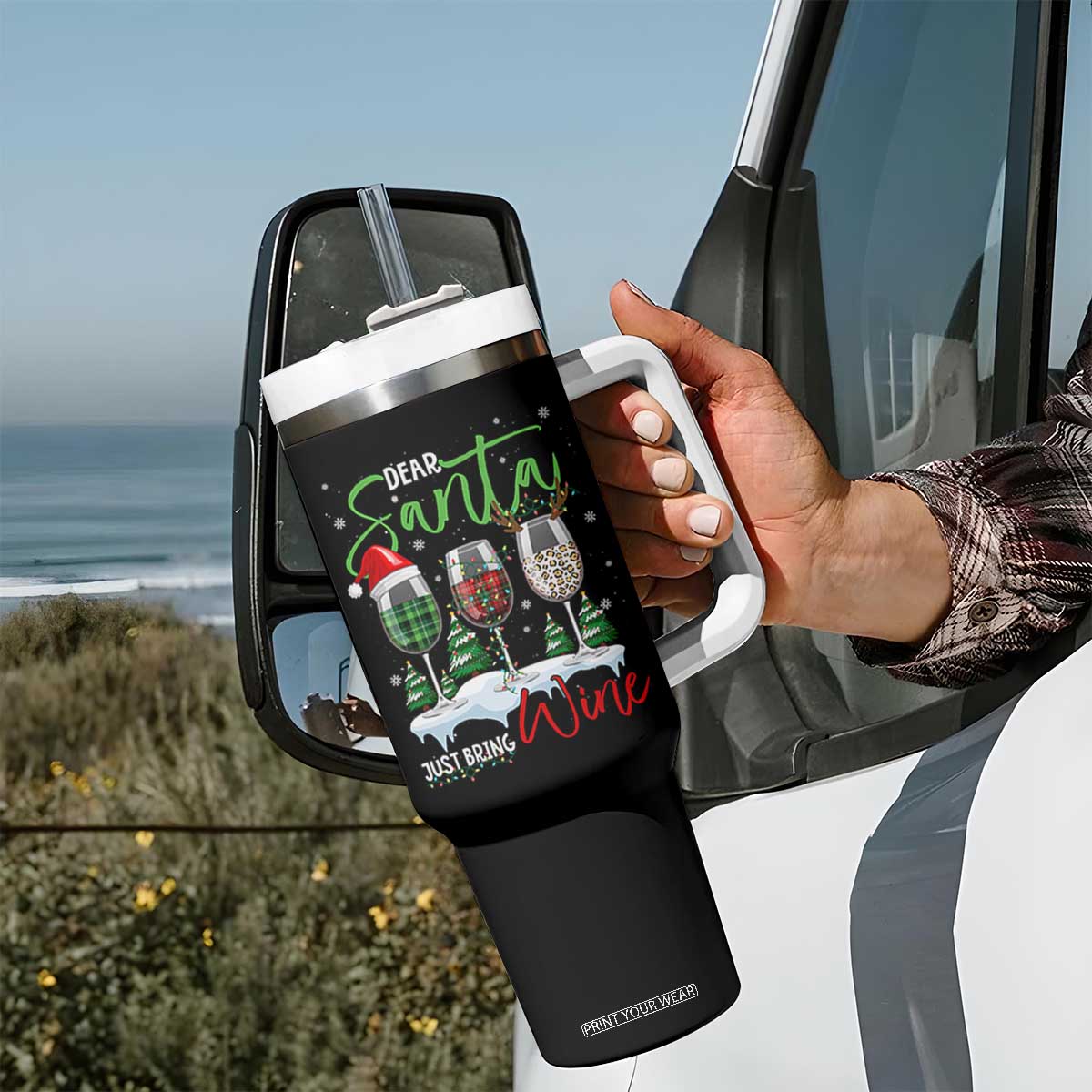 Funny Christmas Wine Tumbler With Handle Dear Santa Just Bring Wine Winter Holiday TS11 Print Your Wear