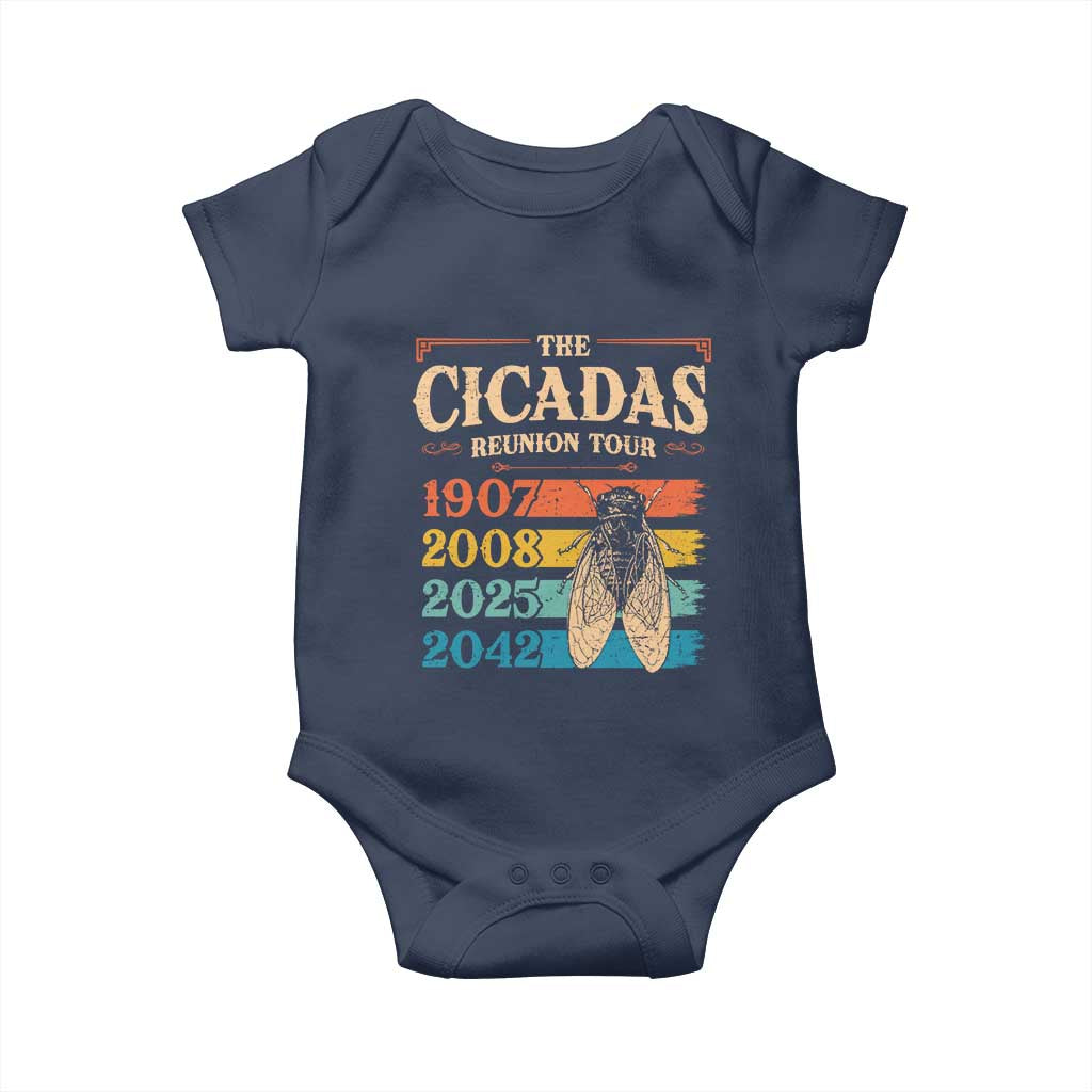 Funny Cicada Brood XIV 2025 Baby Onesie Periodical Cicada Tour 1907 2008 2042 TS11 Navy Print Your Wear