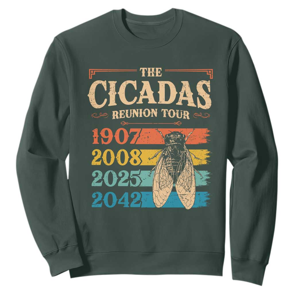 Funny Cicada Brood XIV 2025 Sweatshirt Periodical Cicada Tour 1907 2008 2042 TS11 Dark Forest Green Print Your Wear