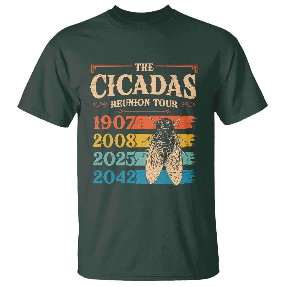 Funny Cicada Brood XIV 2025 T Shirt Periodical Cicada Tour 1907 2008 2042 TS11 Dark Forest Green Print Your Wear