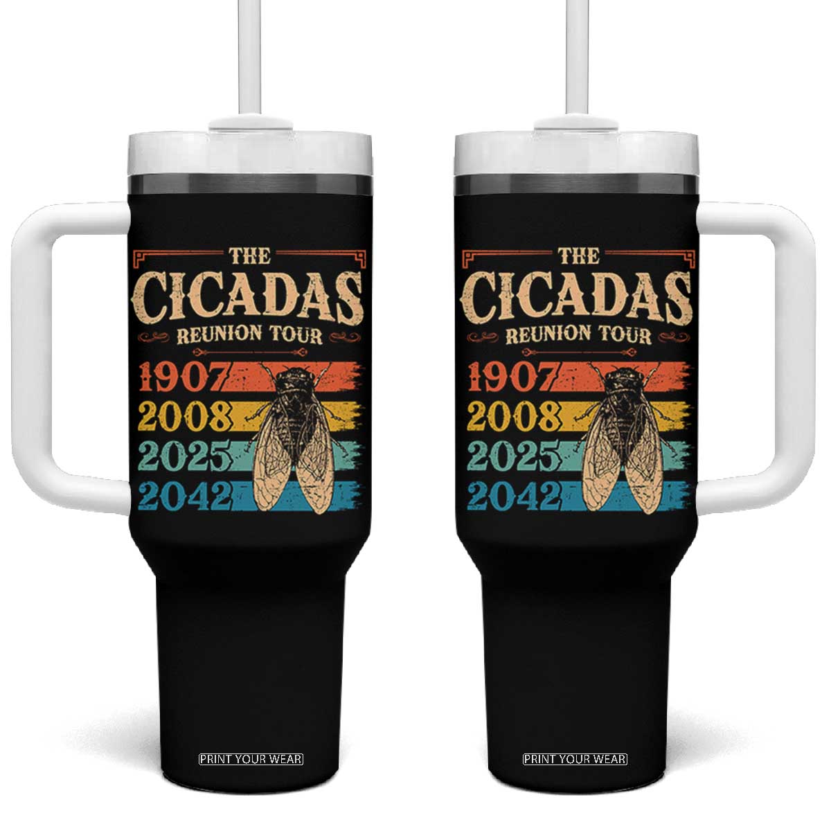 Funny Cicada Brood XIV 2025 Tumbler With Handle Periodical Cicada Tour 1907 2008 2042 TS11 One Size: 40 oz Black Print Your Wear