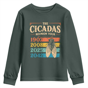 Funny Cicada Brood XIV 2025 Youth Sweatshirt Periodical Cicada Tour 1907 2008 2042 TS11 Dark Forest Green Print Your Wear