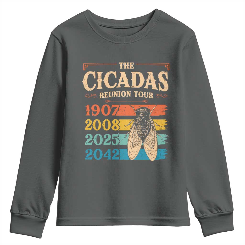 Funny Cicada Brood XIV 2025 Youth Sweatshirt Periodical Cicada Tour 1907 2008 2042 TS11 Dark Heather Print Your Wear