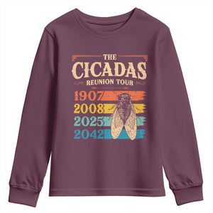Funny Cicada Brood XIV 2025 Youth Sweatshirt Periodical Cicada Tour 1907 2008 2042 TS11 Maroon Print Your Wear