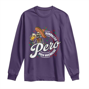 Funny Cinco De Mayo Long Sleeve Shirt Borracho Pero Buen Muchacho Mexican Skeleton With Beers TS11 Purple Print Your Wear