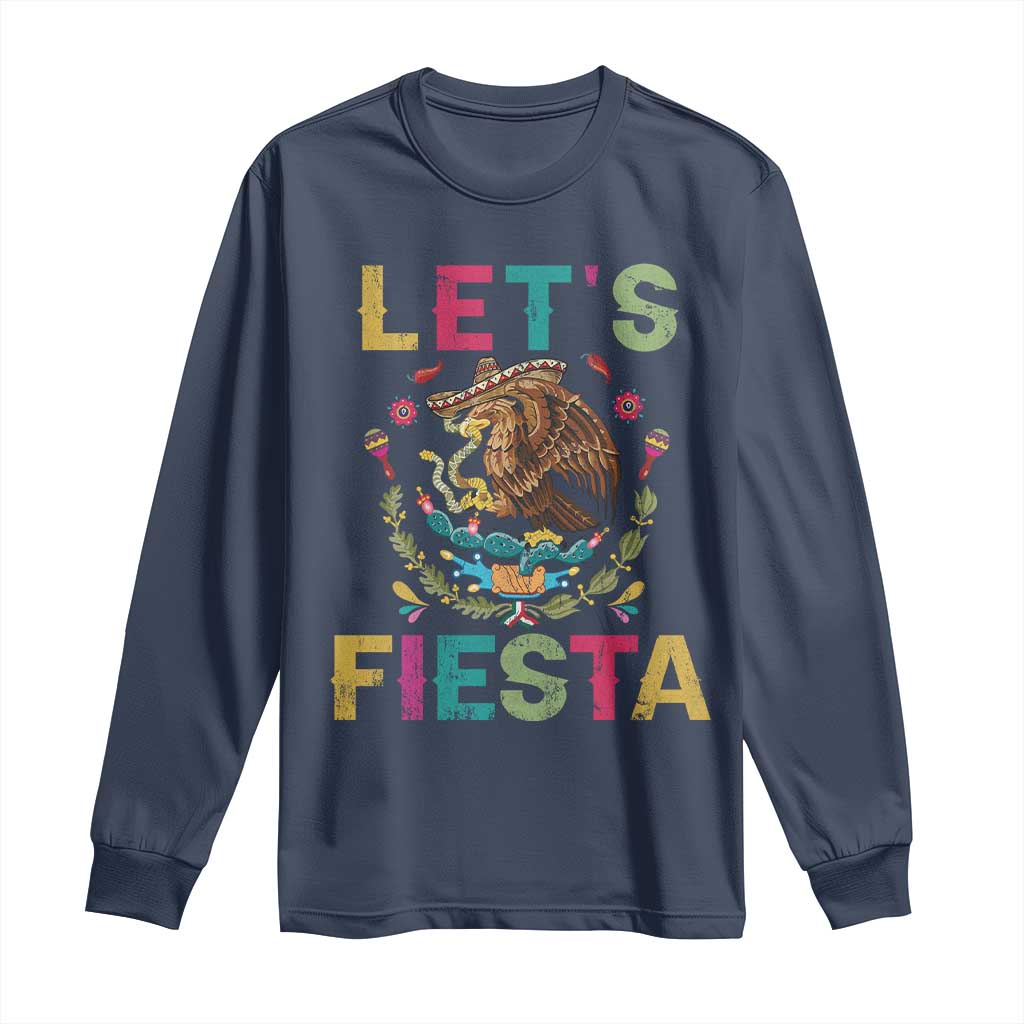 Funny Cinco De Mayo Long Sleeve Shirt Let's Fiesta Golden Eagle Mexico Flag TS11 Navy Print Your Wear
