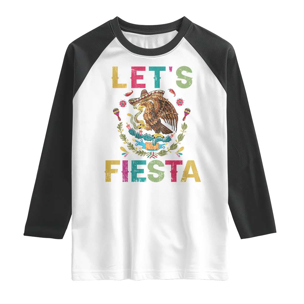 Funny Cinco De Mayo Raglan Shirt Let's Fiesta Golden Eagle Mexico Flag TS11 White Black Print Your Wear