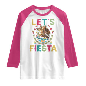 Funny Cinco De Mayo Raglan Shirt Let's Fiesta Golden Eagle Mexico Flag TS11 White Heliconia Print Your Wear