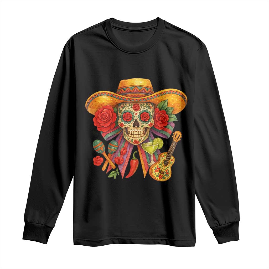 Funny Cinco De Mayo Sugar Skull Sombrero Hat Bow Long Sleeve Shirt TS11 Black Print Your Wear