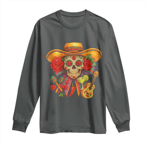 Funny Cinco De Mayo Sugar Skull Sombrero Hat Bow Long Sleeve Shirt TS11 Dark Heather Print Your Wear
