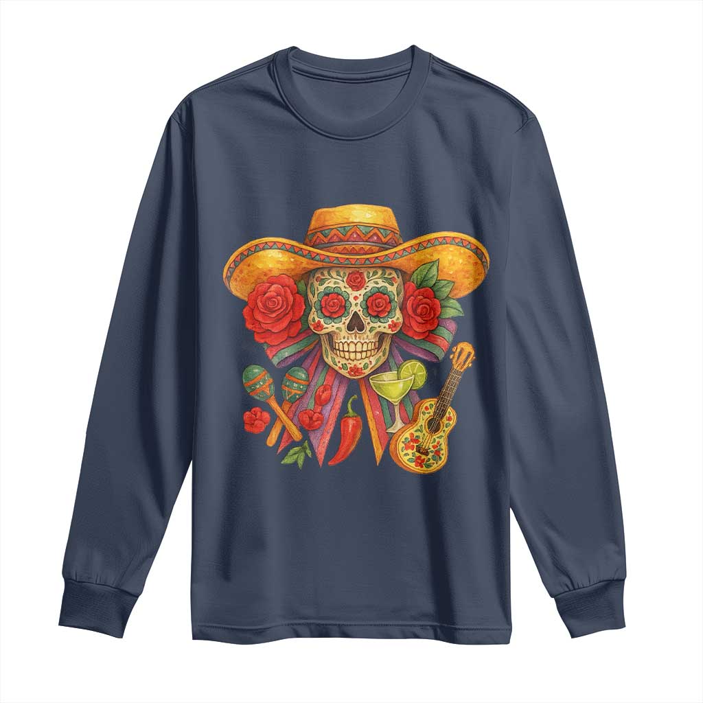 Funny Cinco De Mayo Sugar Skull Sombrero Hat Bow Long Sleeve Shirt TS11 Navy Print Your Wear