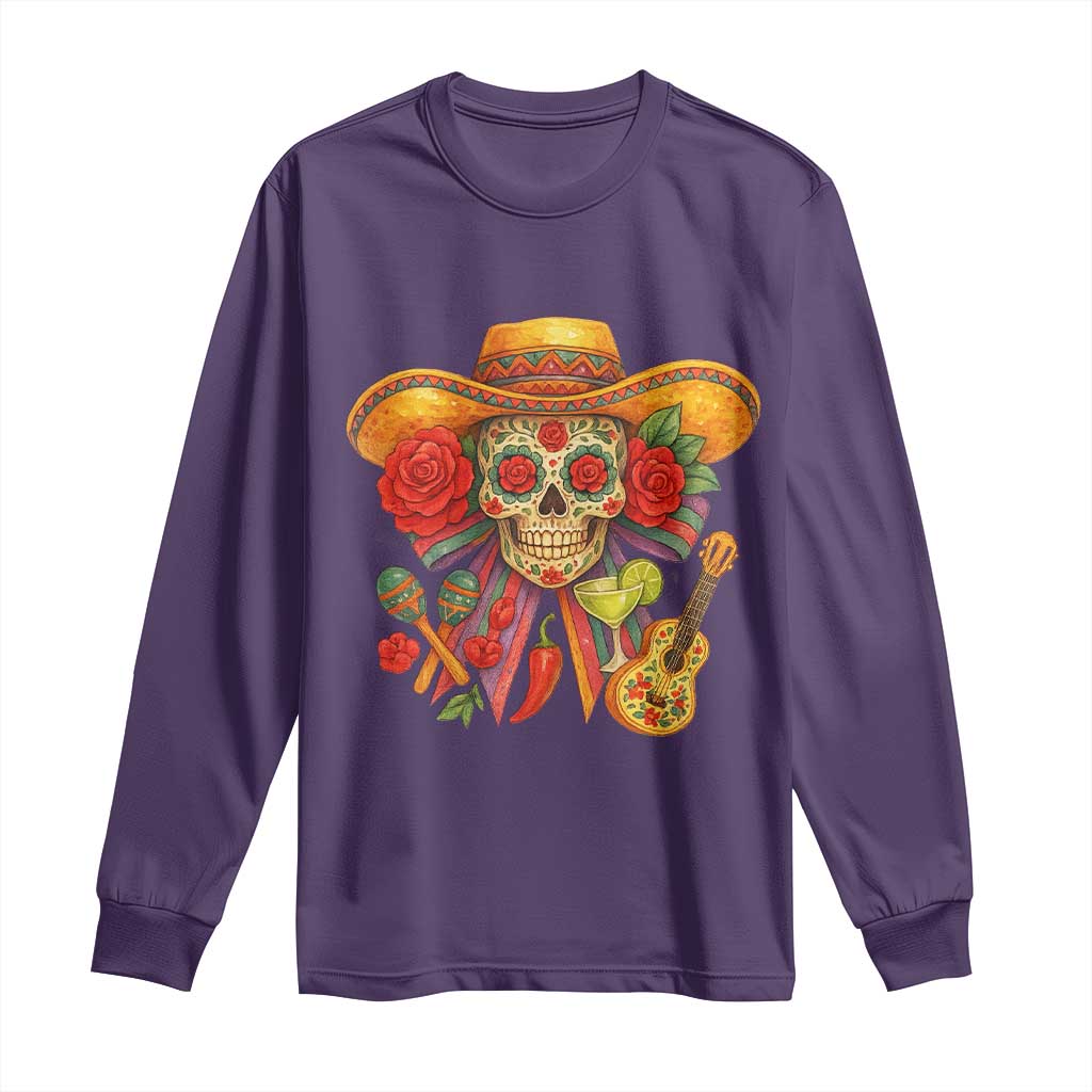Funny Cinco De Mayo Sugar Skull Sombrero Hat Bow Long Sleeve Shirt TS11 Purple Print Your Wear