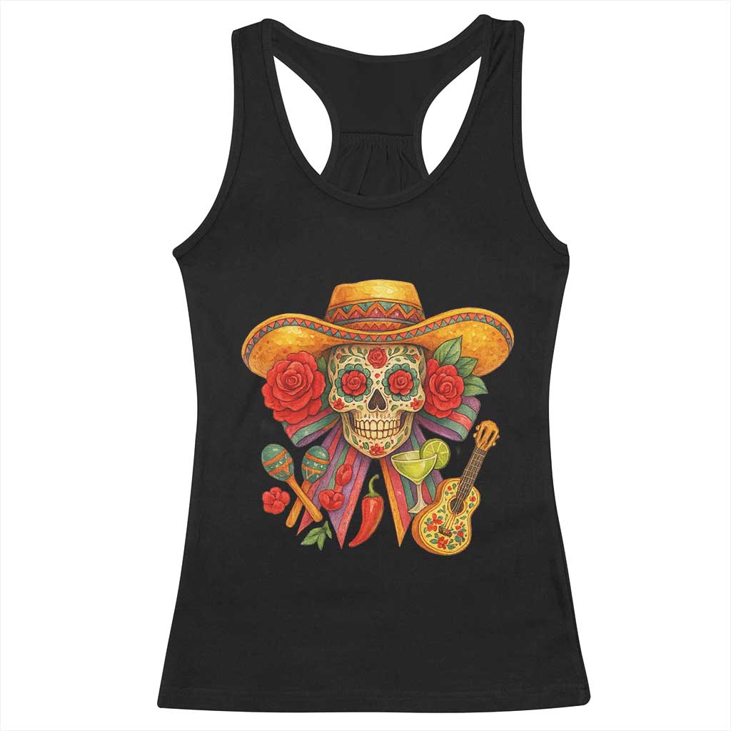 Funny Cinco De Mayo Sugar Skull Sombrero Hat Bow Racerback Tank Top TS11 Black Print Your Wear