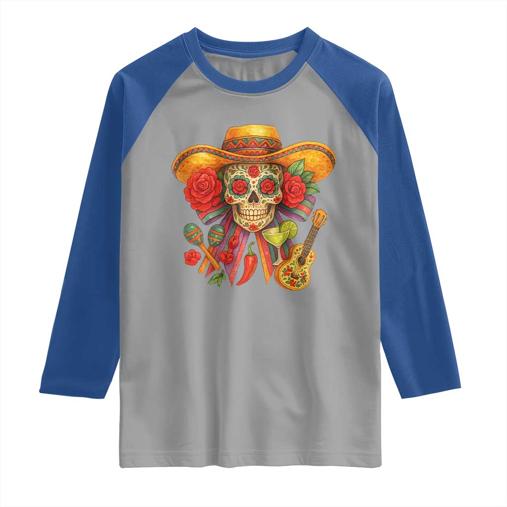 Funny Cinco De Mayo Sugar Skull Sombrero Hat Bow Raglan Shirt TS11 Sport Gray Royal Print Your Wear