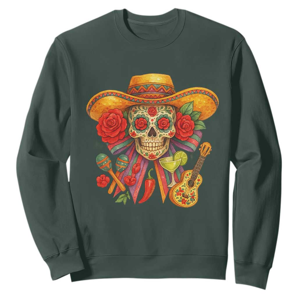 Funny Cinco De Mayo Sugar Skull Sombrero Hat Bow Sweatshirt TS11 Dark Forest Green Print Your Wear