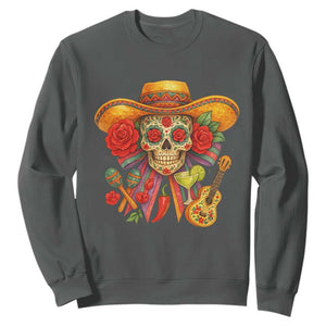 Funny Cinco De Mayo Sugar Skull Sombrero Hat Bow Sweatshirt TS11 Dark Heather Print Your Wear
