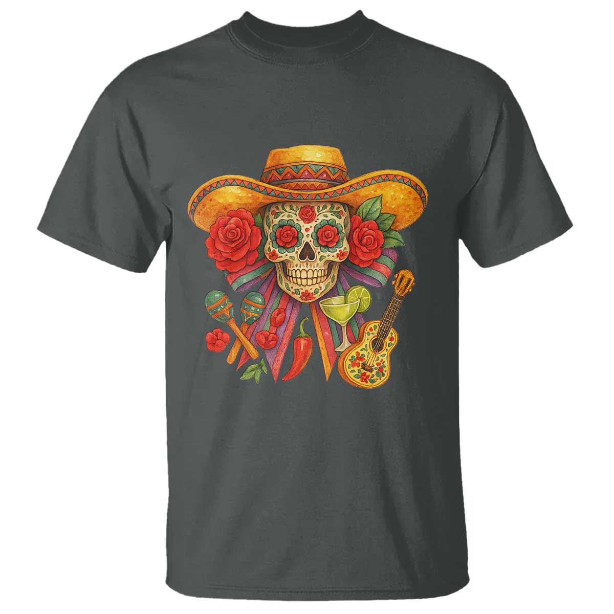 Funny Cinco De Mayo Sugar Skull Sombrero Hat Bow T Shirt TS11 Dark Heather Print Your Wear