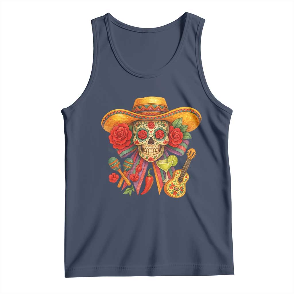 Funny Cinco De Mayo Sugar Skull Sombrero Hat Bow Tank Top TS11 Navy Print Your Wear