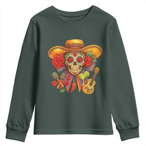 Funny Cinco De Mayo Sugar Skull Sombrero Hat Bow Youth Sweatshirt TS11 Dark Forest Green Print Your Wear