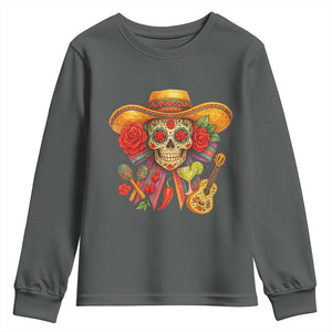 Funny Cinco De Mayo Sugar Skull Sombrero Hat Bow Youth Sweatshirt TS11 Dark Heather Print Your Wear
