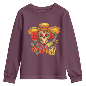 Funny Cinco De Mayo Sugar Skull Sombrero Hat Bow Youth Sweatshirt TS11 Maroon Print Your Wear