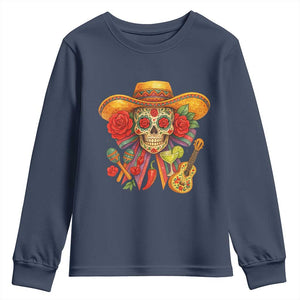 Funny Cinco De Mayo Sugar Skull Sombrero Hat Bow Youth Sweatshirt TS11 Navy Print Your Wear