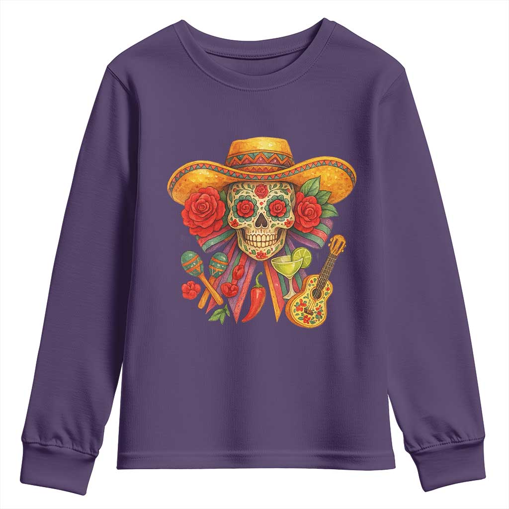 Funny Cinco De Mayo Sugar Skull Sombrero Hat Bow Youth Sweatshirt TS11 Purple Print Your Wear