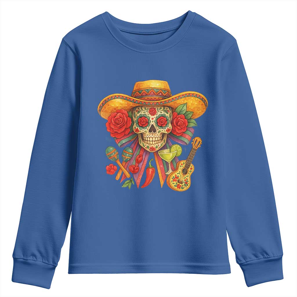 Funny Cinco De Mayo Sugar Skull Sombrero Hat Bow Youth Sweatshirt TS11 Royal Blue Print Your Wear