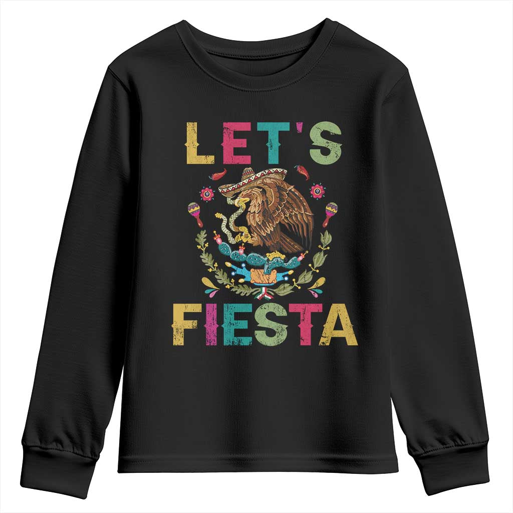 Funny Cinco De Mayo Youth Sweatshirt Let's Fiesta Golden Eagle Mexico Flag TS11 Black Print Your Wear