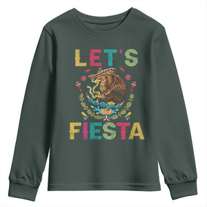 Funny Cinco De Mayo Youth Sweatshirt Let's Fiesta Golden Eagle Mexico Flag TS11 Dark Forest Green Print Your Wear