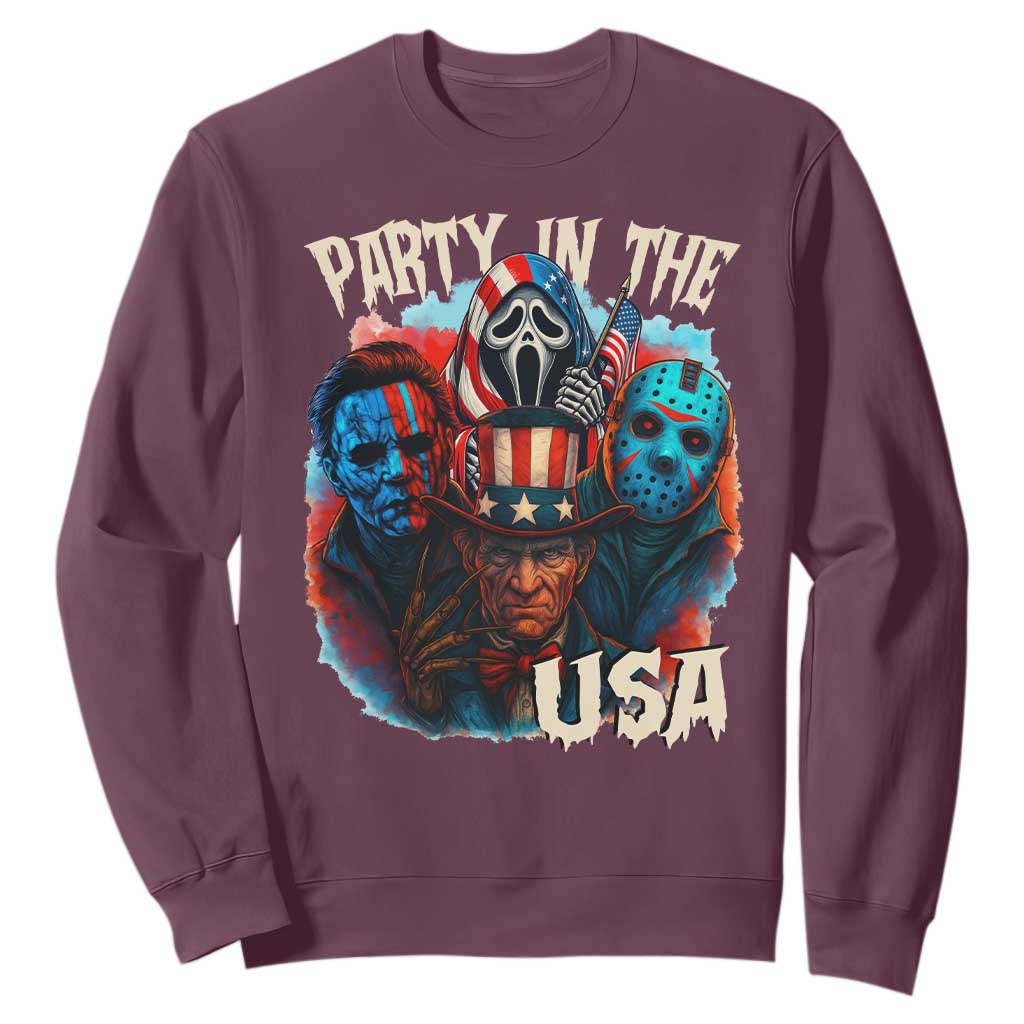 Funny Creepy 4th Of July Party In The USA Sweatshirt 4th Of July Horror Movie Independence Day TS11 Maroon Print Your Wear