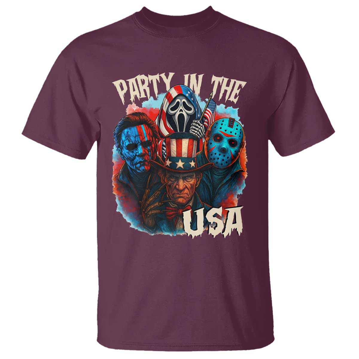 Funny Creepy 4th Of July Party In The USA T Shirt 4th Of July Horror Movie Independence Day TS11 Maroon Print Your Wear